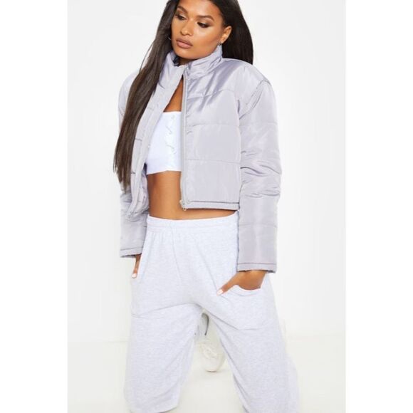 Pretty Little Things Grey Super Cropped Puffer Jacket Zip Up Size 12 New - Picture 1 of 10